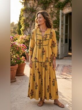 John Mark Boho Midi‎ Dress Mustard Floral Tassel Tie Peasant Style Small Cottage